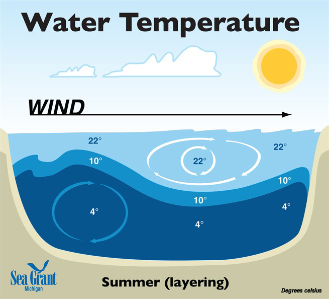 A graphic showing water temperature and thermal stratification levels alongside wind levels.