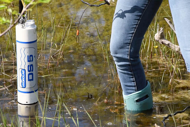Hydrolab tool partially submerged in the water of a wetland.