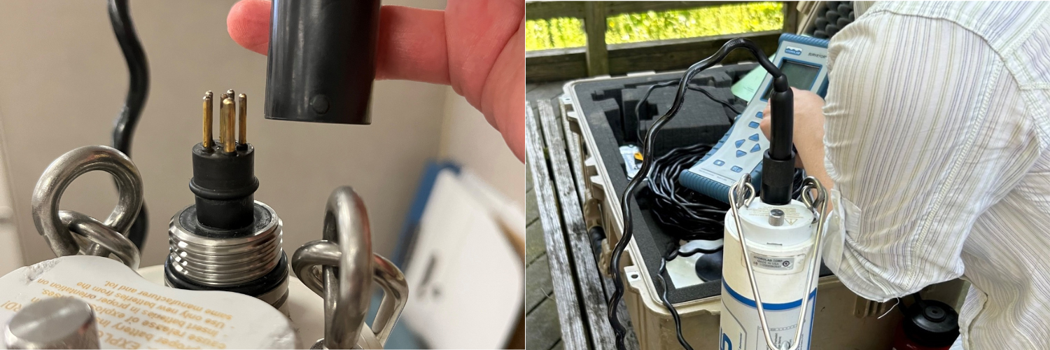 Two images showing proper connection of the cord to the Hydrolab.